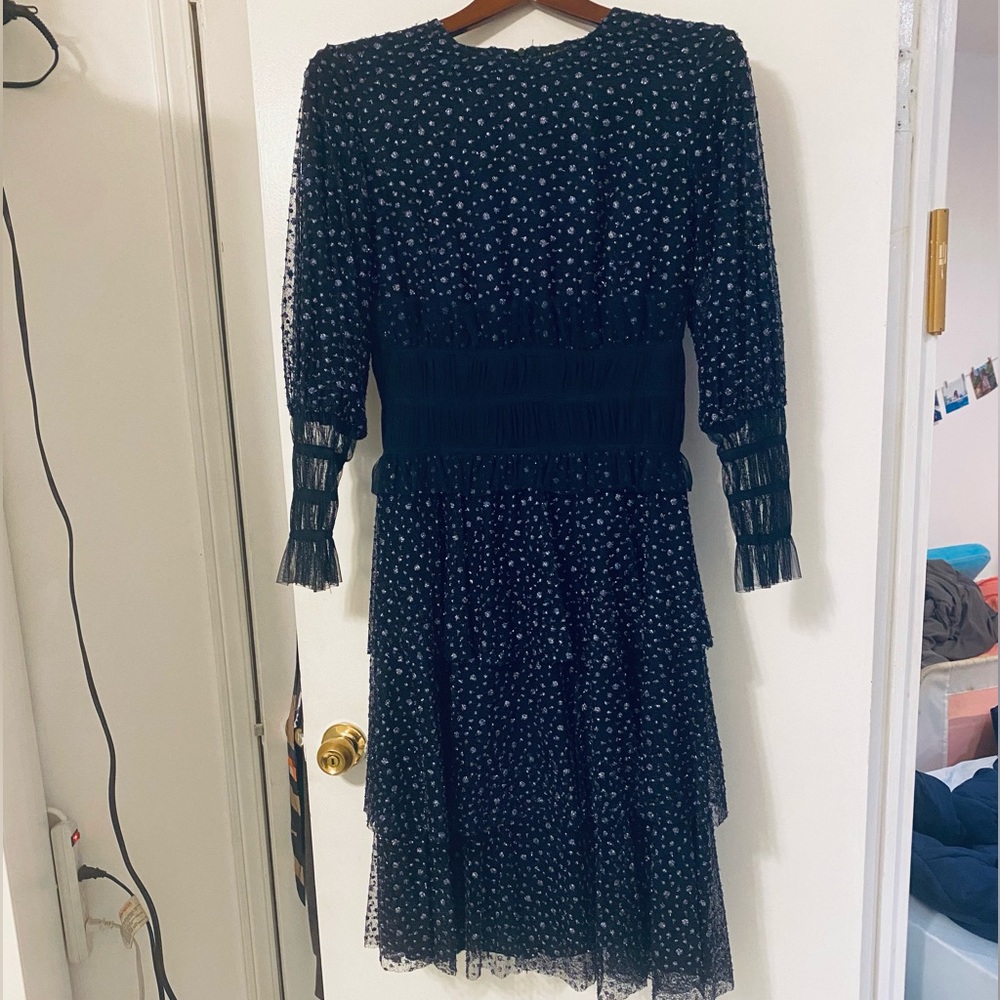 Elegant modest midi blue Polka Dot Dress